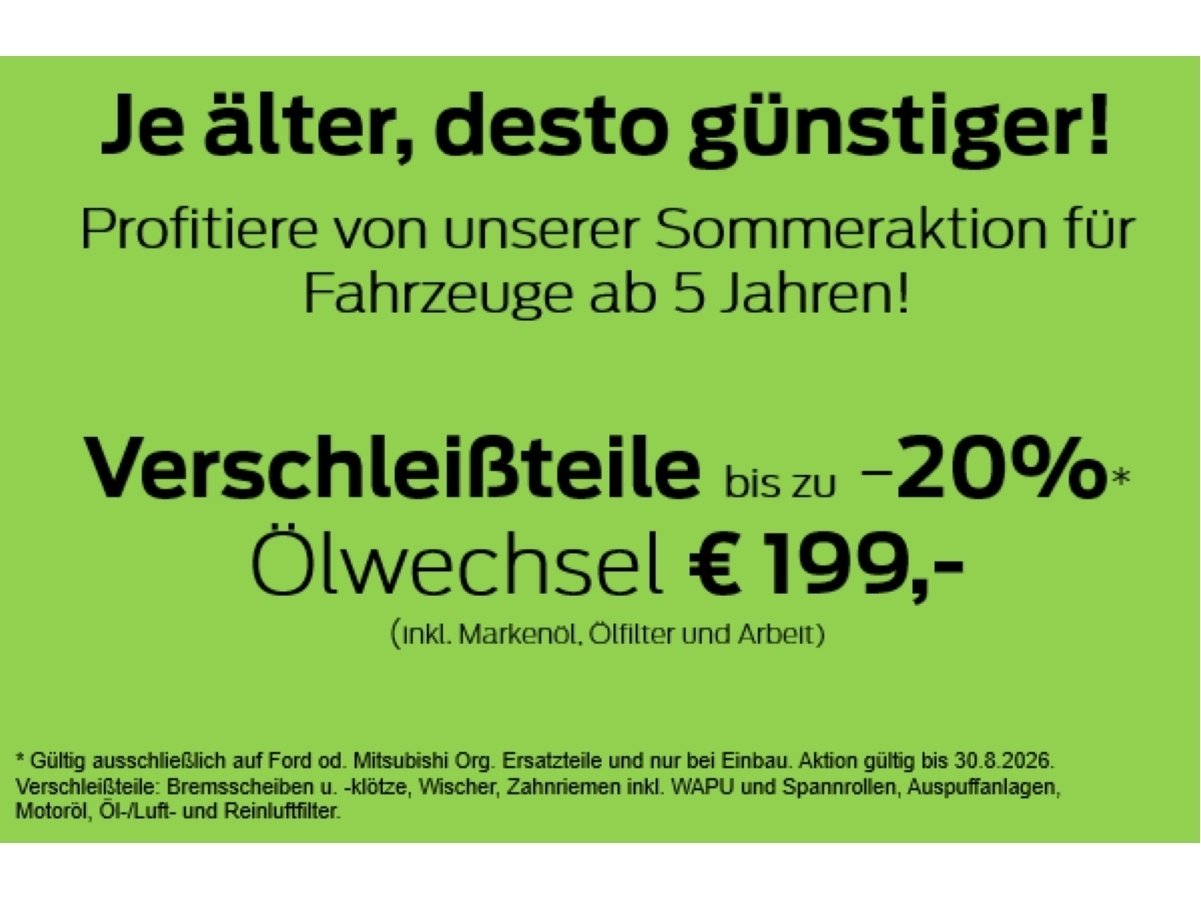 Werbung für Sommeraktion: Rabatt auf Verschleißteile und Ölwechsel für Fahrzeuge ab 5 Jahren.