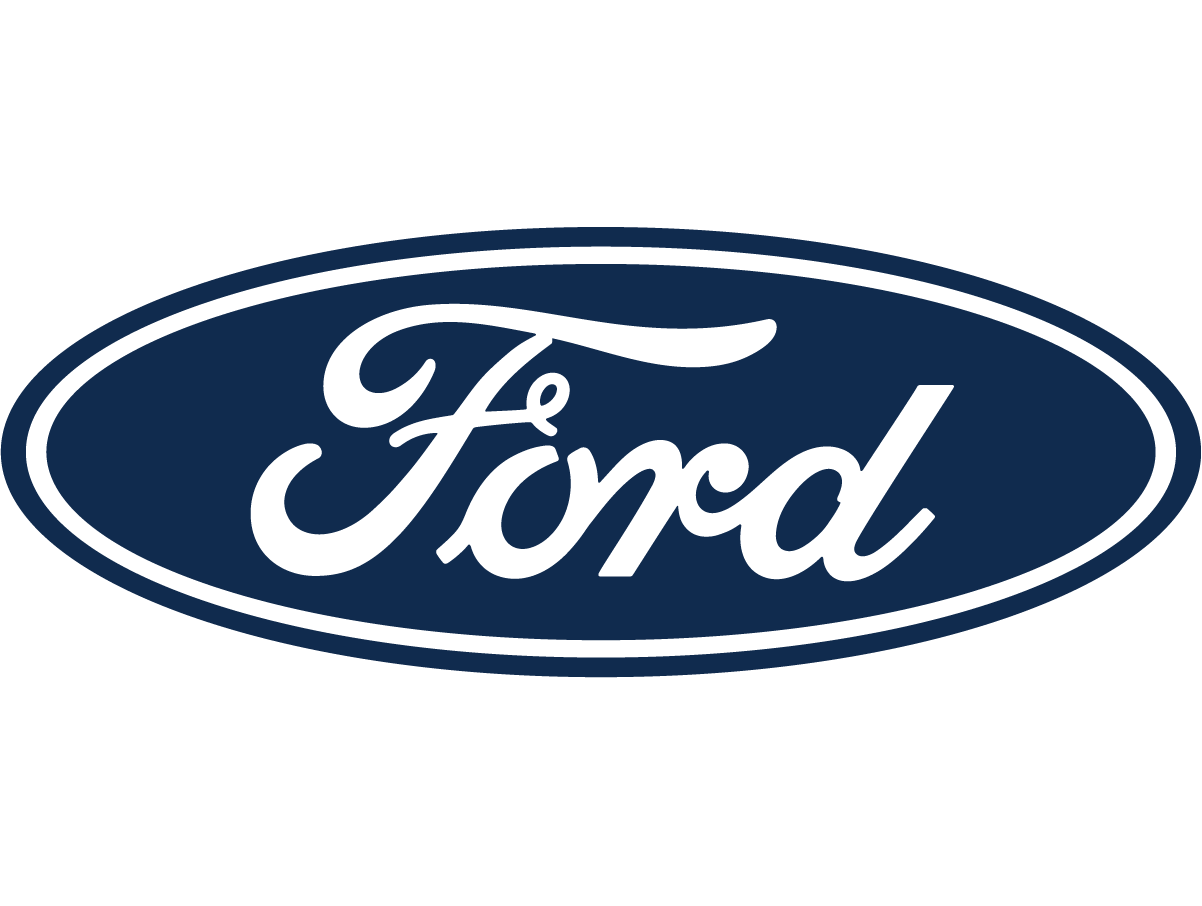 Ford-Logo auf blauem Hintergrund. Symbol für die Automarke Ford, bekannt für Autos und Trucks.