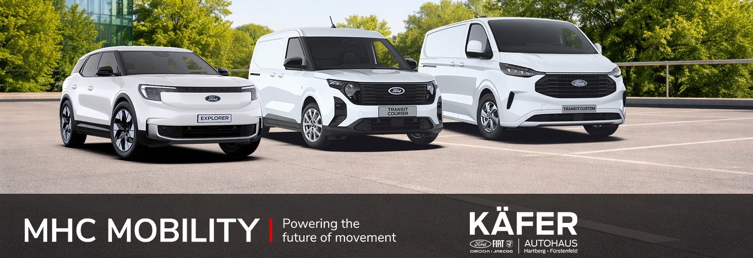 Drei Ford Fahrzeuge stehen im Freien. MHC Mobility und Käfer Autohaus Logos im unteren Bereich.