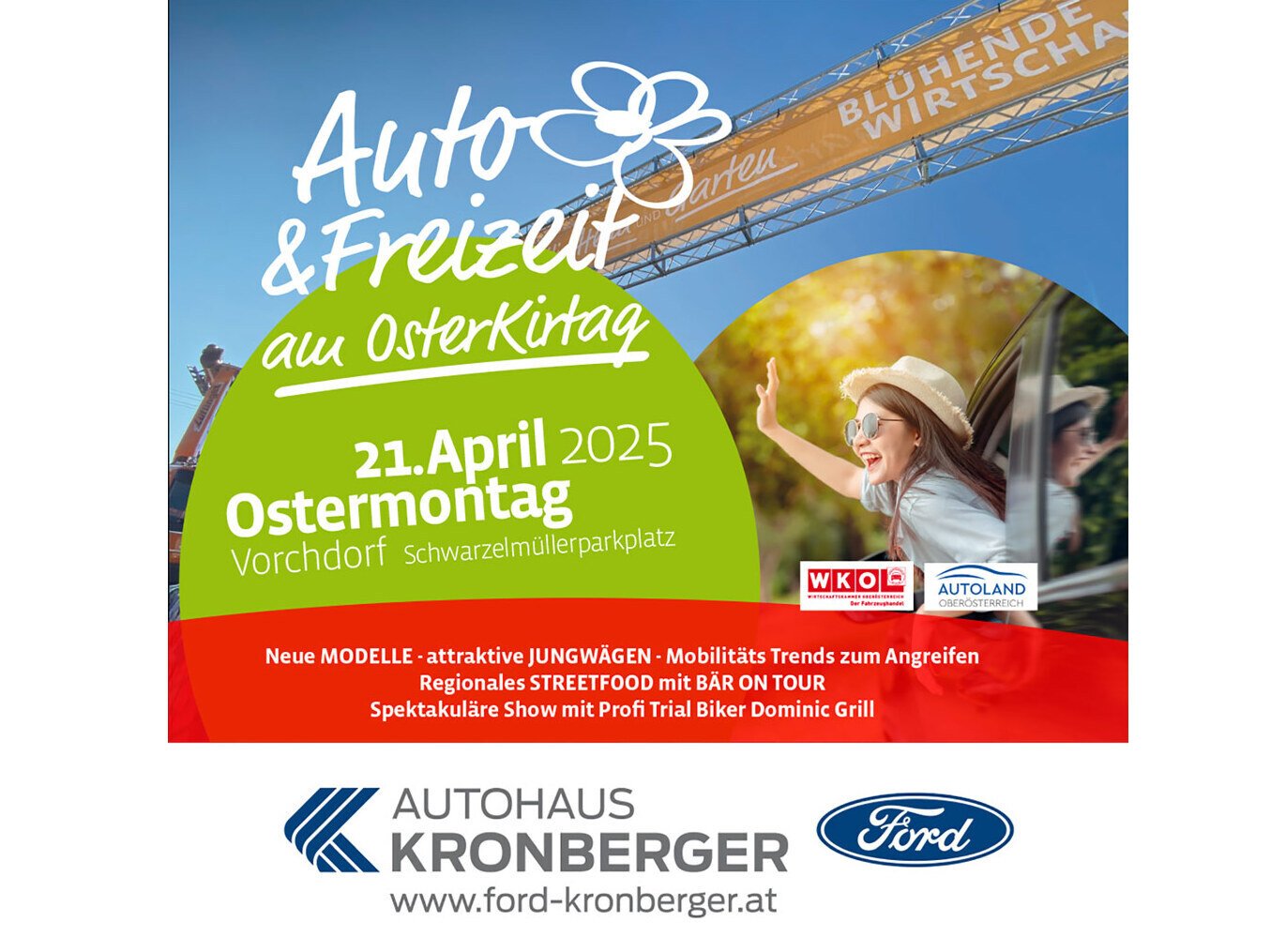 Plakat für Auto & Freizeit am Ostermontag, 21. April 2025, in Vorchdorf mit Infos zu Modellen und Veranstaltungen.