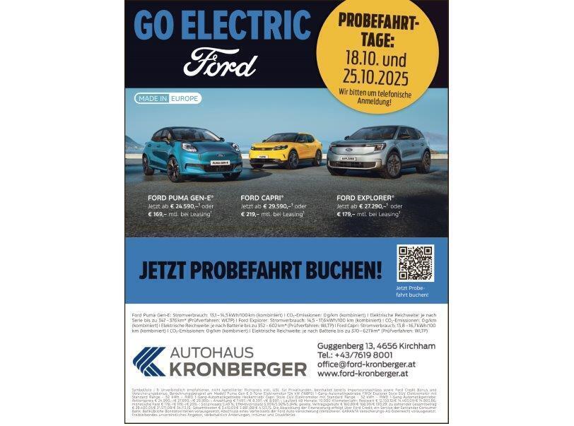 Werbung für Ford Elektroautos mit Probetagen am 18. und 25. Oktober 2025, Autohaus Kronberger.